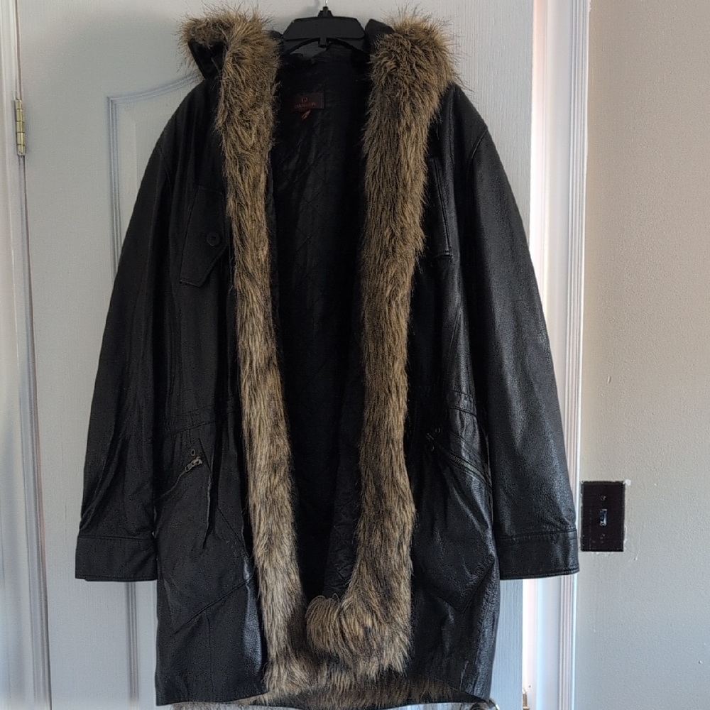 Danier Black Leather Faux Fur Trim Coat